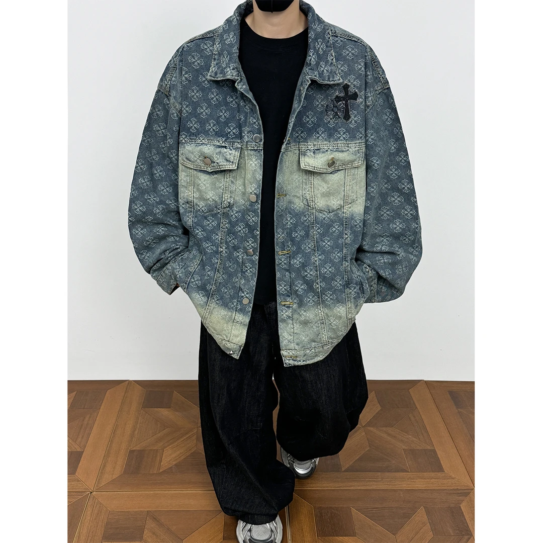 高级感复古提花牛仔外套男女美式水洗做旧渐变肌理感轻奢翻领夹克