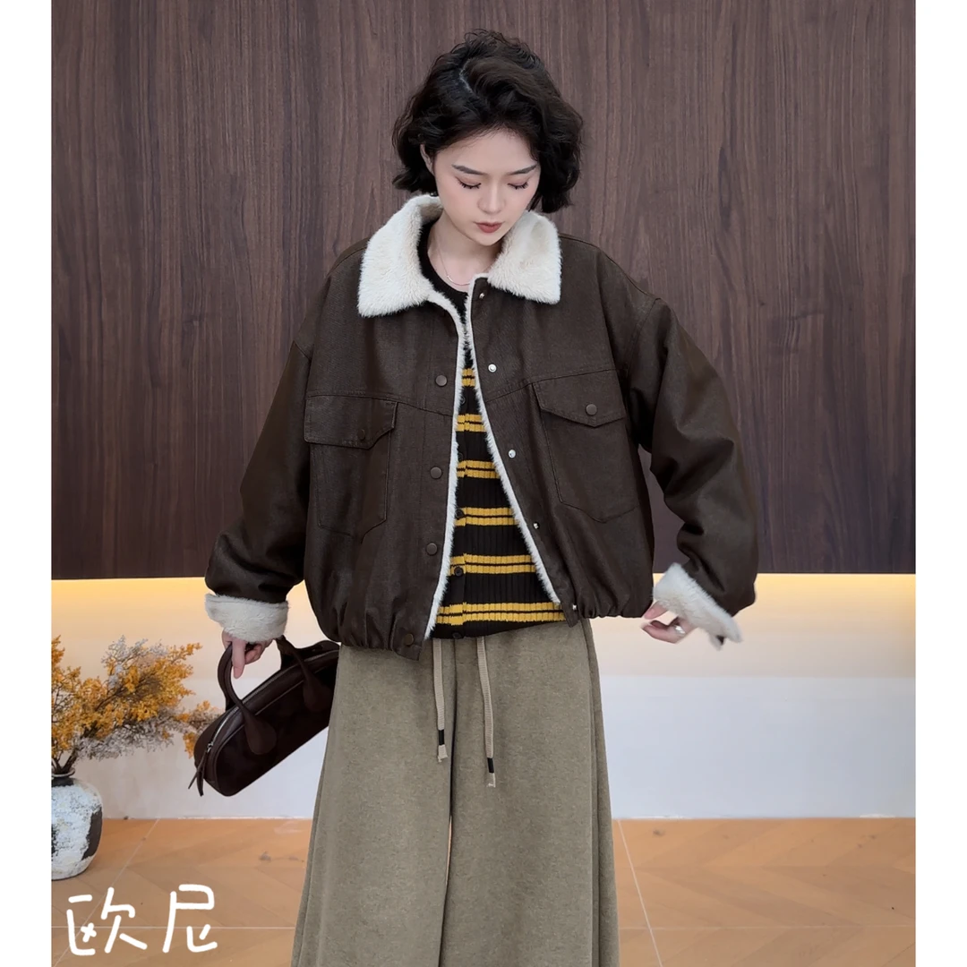 欧尼私服 2025秋冬新款毛领加厚气质显瘦皮衣夹克外套2509C6284