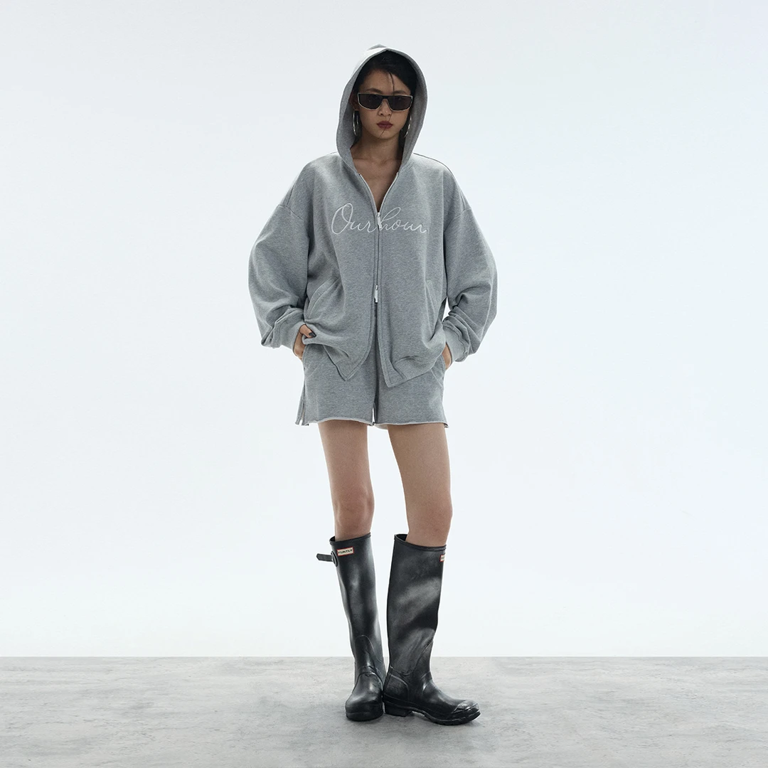 ourhour 巴黎灰松紧腰两侧开衩毛边休闲短裤