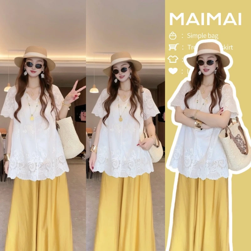 【Liner】现货夏上新度宽松百搭假蕾丝上衣+猪鼻花边棉布阔腿裤套装