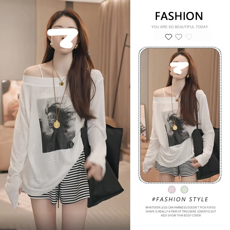 【斜肩艺术】美式设计感印花长袖T恤女夏季酷辣高级感chic别致上衣