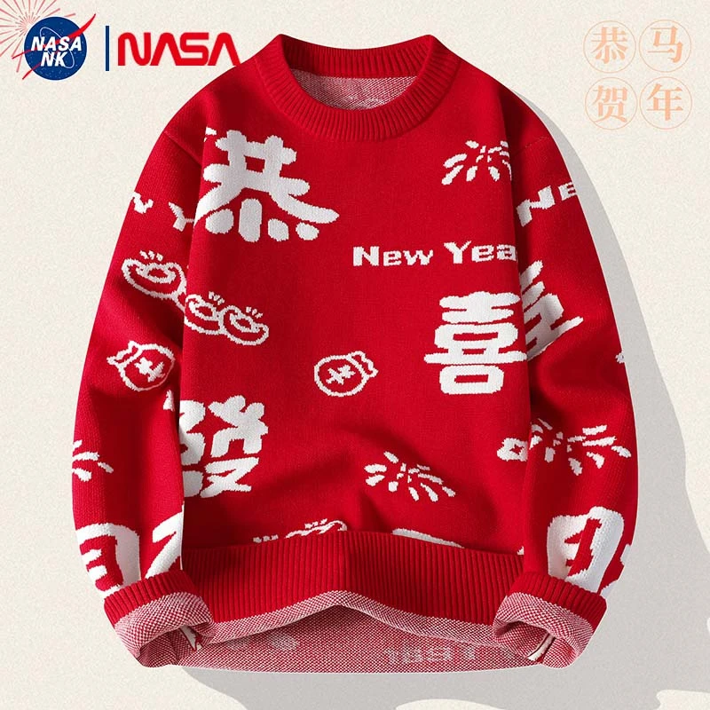 NK NASA联名红色圣诞新年毛衣2026新款休闲潮流保暖本命年针织衫