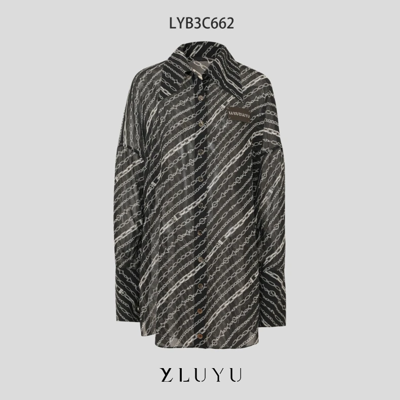 LUYU鲁遇新款链条印花透视衬衫 时尚宽松翻领长袖上衣 LYB3C662