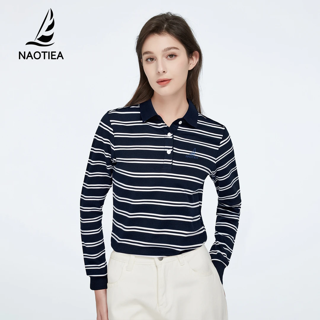 纳奥蒂尔小帆船条纹撞色长袖女2025春秋新款显瘦减龄POLO衫