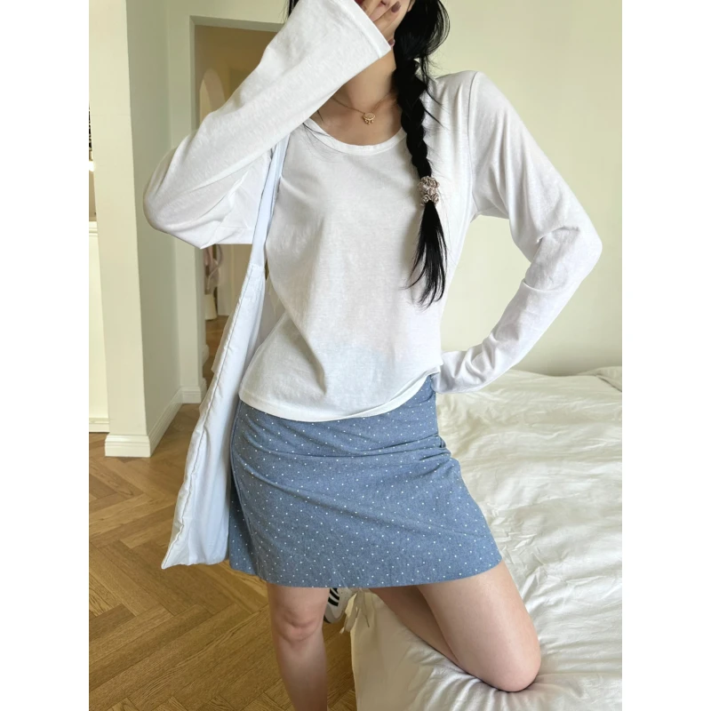 长袖圆领修身型U型领染色t恤套装运动高腰薄款白色纯欲慵懒风女装