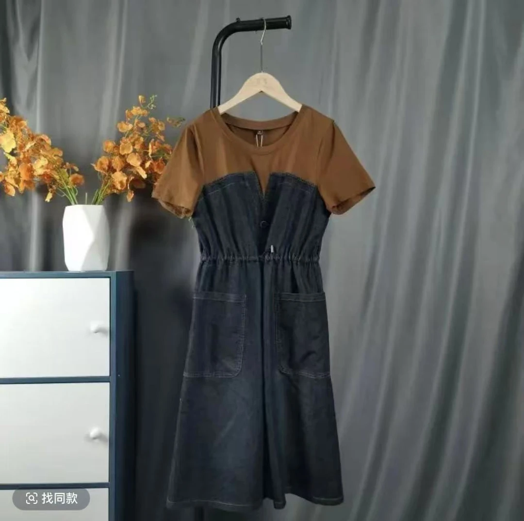 JX7008麦多多专属优雅百搭洋气款牛仔夏季短袖中长款连衣裙