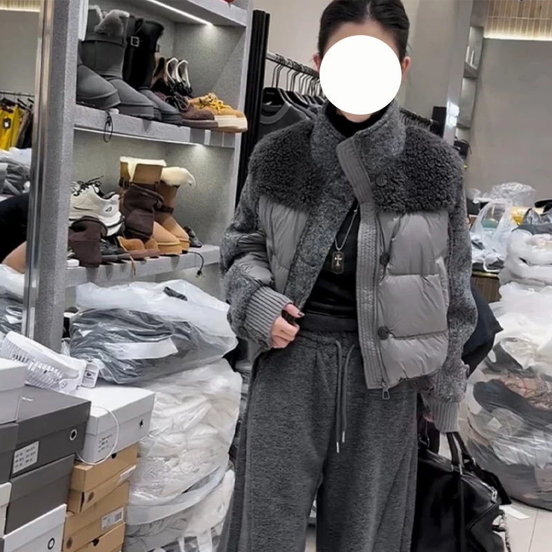 韩系立领羊羔毛拼接毛呢棉服2025冬新款大码胖mm短款保暖棉衣外套
