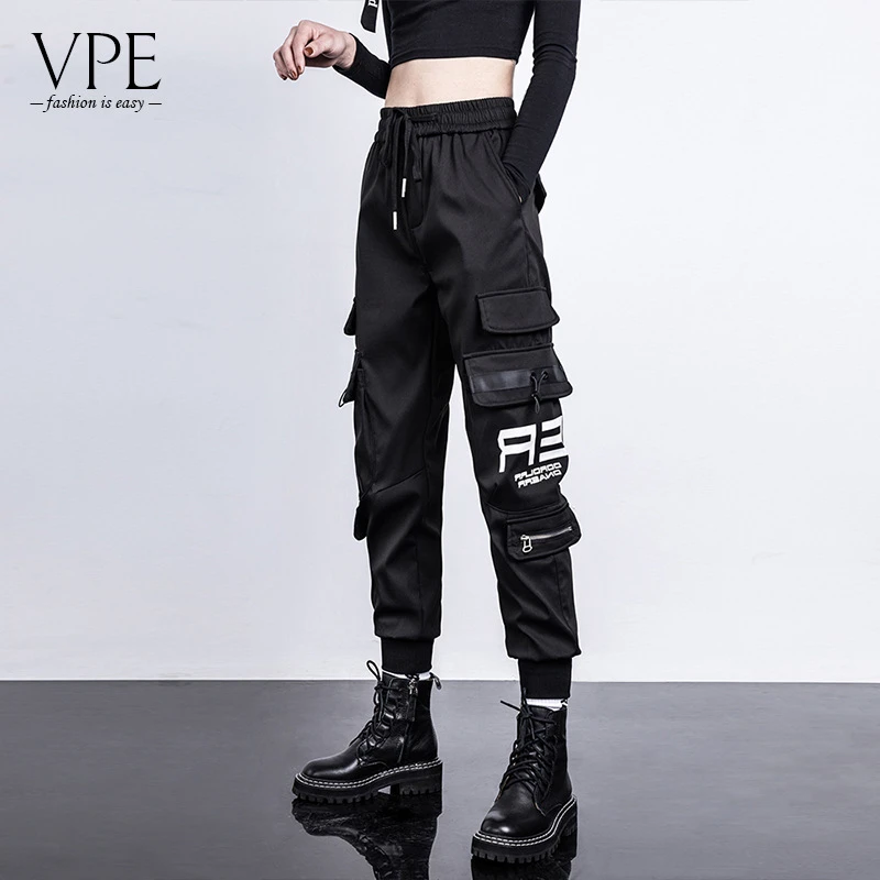 涤纶春秋季新款工装裤女士束脚休闲宽松加绒潮牌黑色胖mm炸街显瘦