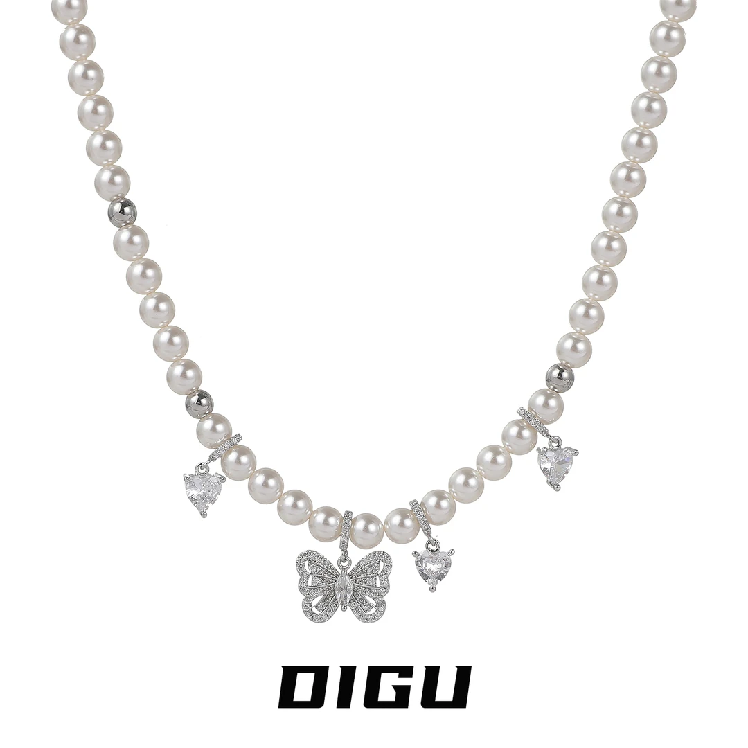 嘀咕家 铜合金仿珍珠项链 精致蝴蝶吊坠珍珠项链闪钻锁骨链颈链
