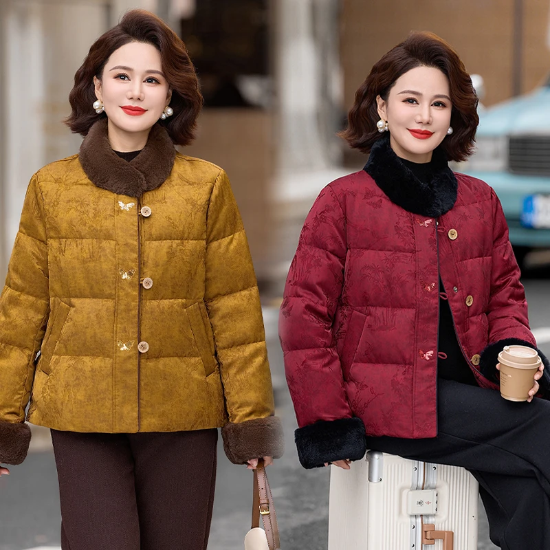 中年妈妈冬季加绒加厚棉衣外套羽绒棉服中老年女中式国风保暖棉袄