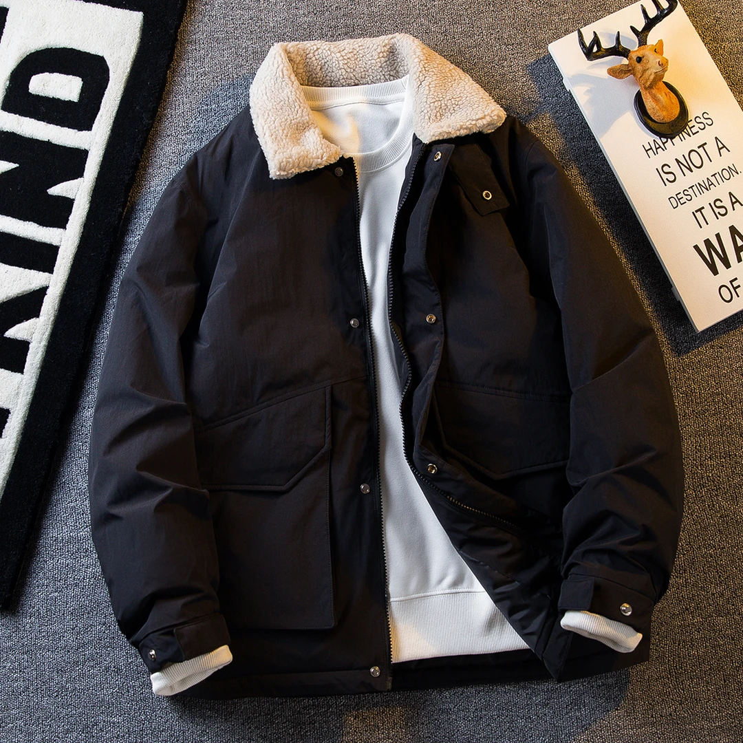 冬季加厚保暖羊羔领工装羽绒服男士日系复古百搭休闲情侣外套上衣