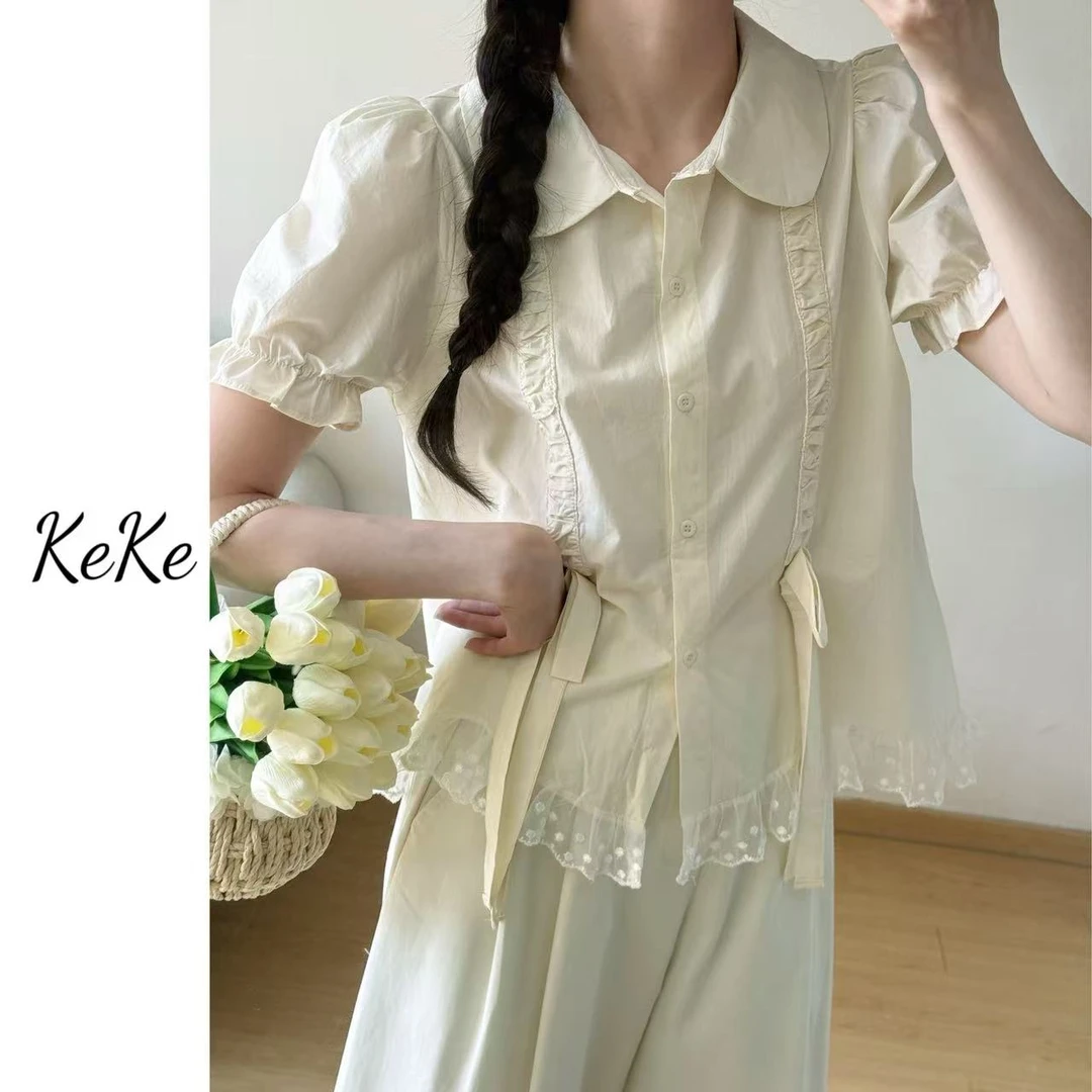 可可【竹蜻蜓】2025夏季新款翻领韩系短袖衬衫系带蕾丝拼接百搭