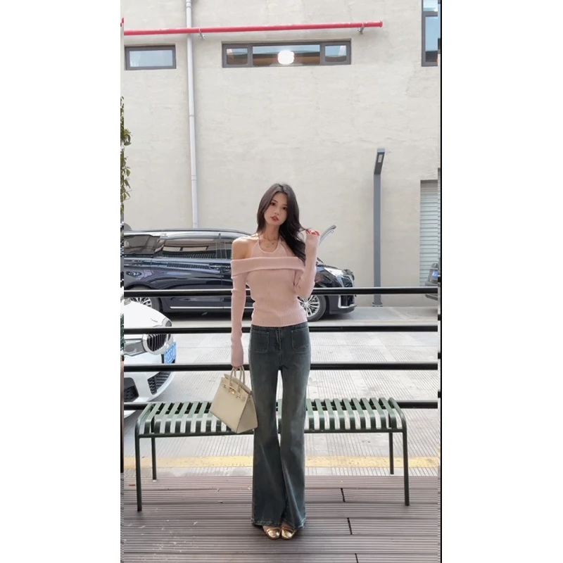 2025春季新款纯欲风挂脖长袖针织衫女粉色一字肩打底衫高腰牛仔裤