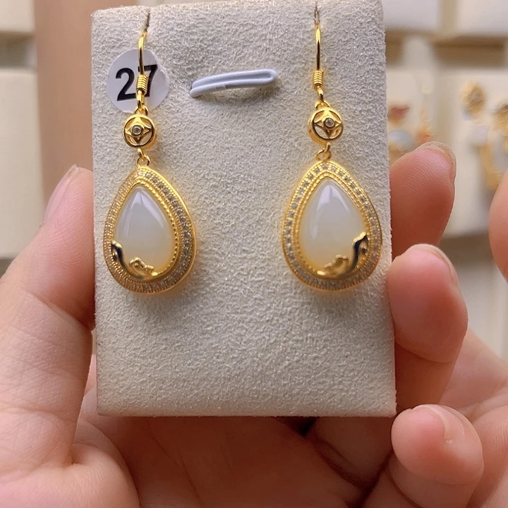 和田玉银S925镀金镶嵌耳饰