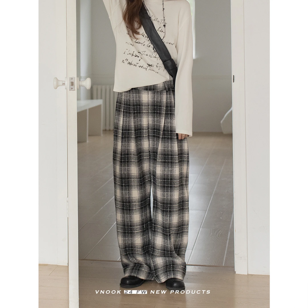 vnook 格纹廓形毛呢阔腿裤女新款宽松慵懒垂感直筒松紧腰及地长裤