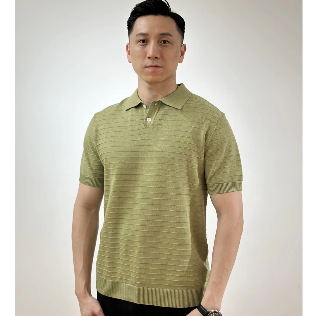 2025夏季轻奢老钱风男士修身冰丝条纹透气翻领polo领针织衫显气质
