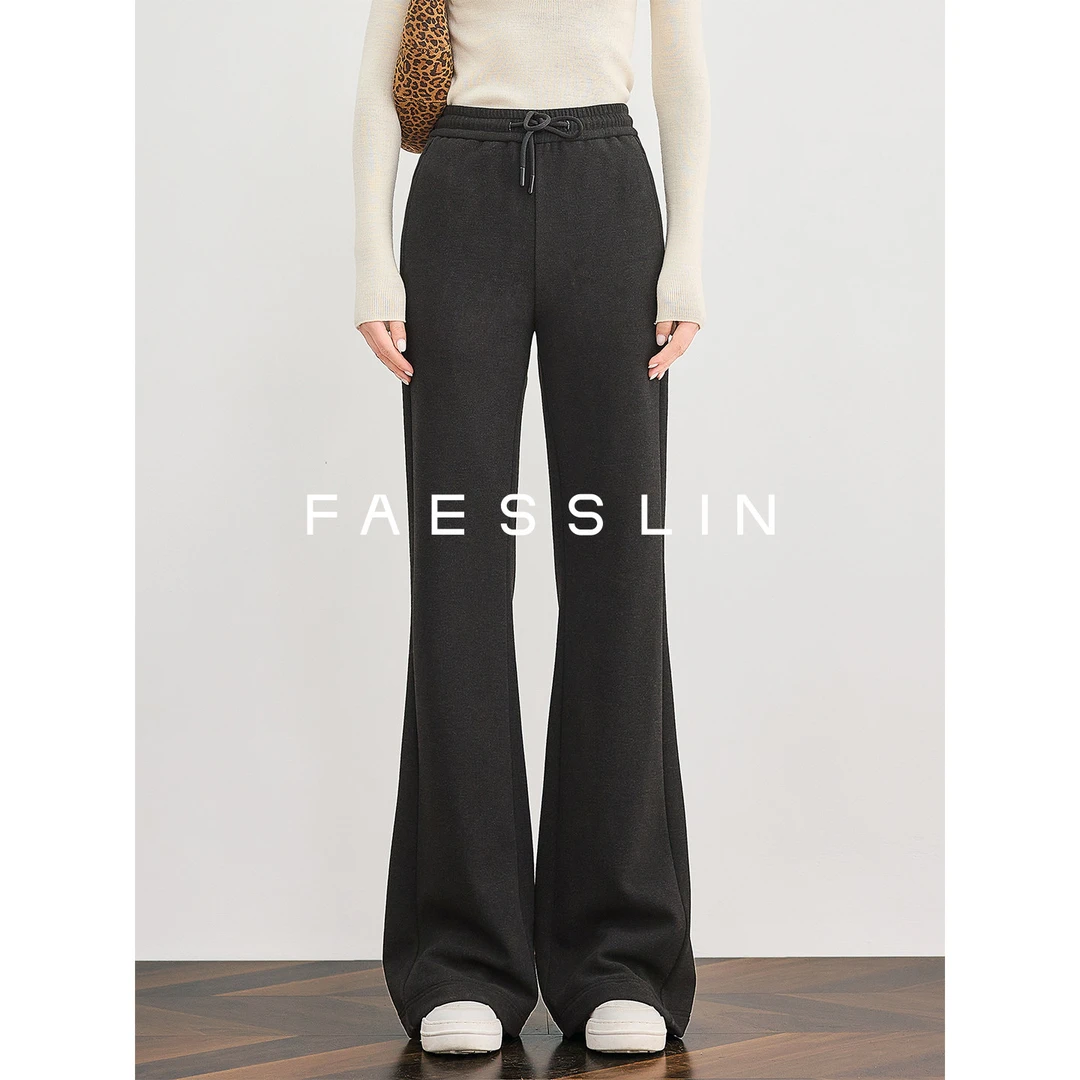 FAESSLIN【长腿开挂】黑色加绒羊毛微喇裤女复古修身休闲喇叭裤冬