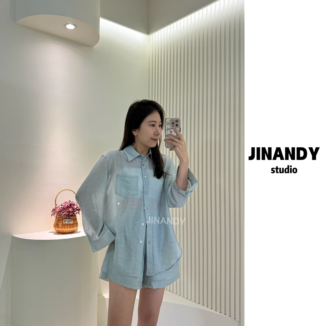 【JINANDY】2025夏季休闲套装肌理透感轻盈衬衫短裤套装
