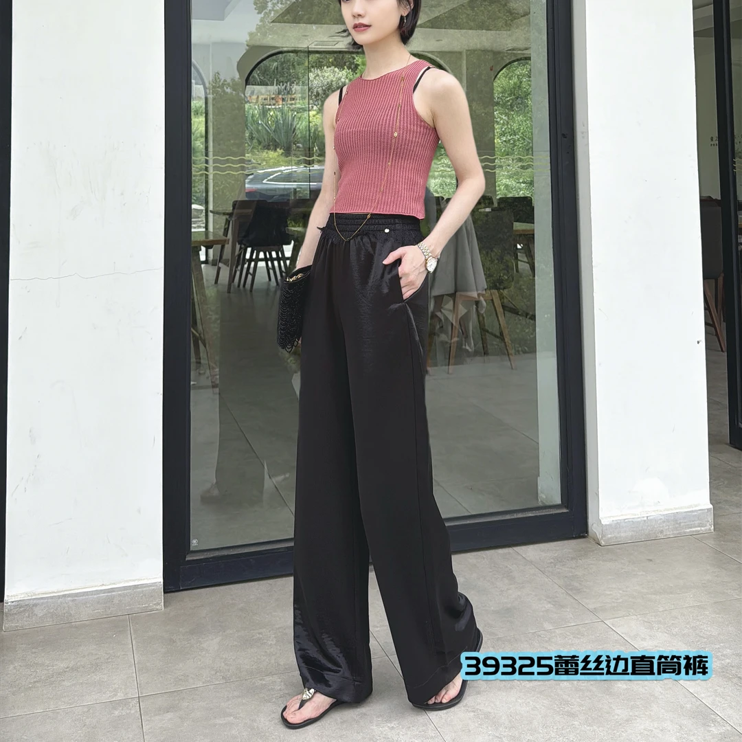 39325仿醋酸丝滑手感花边腰松紧腰阔腿裤夏季蕾丝