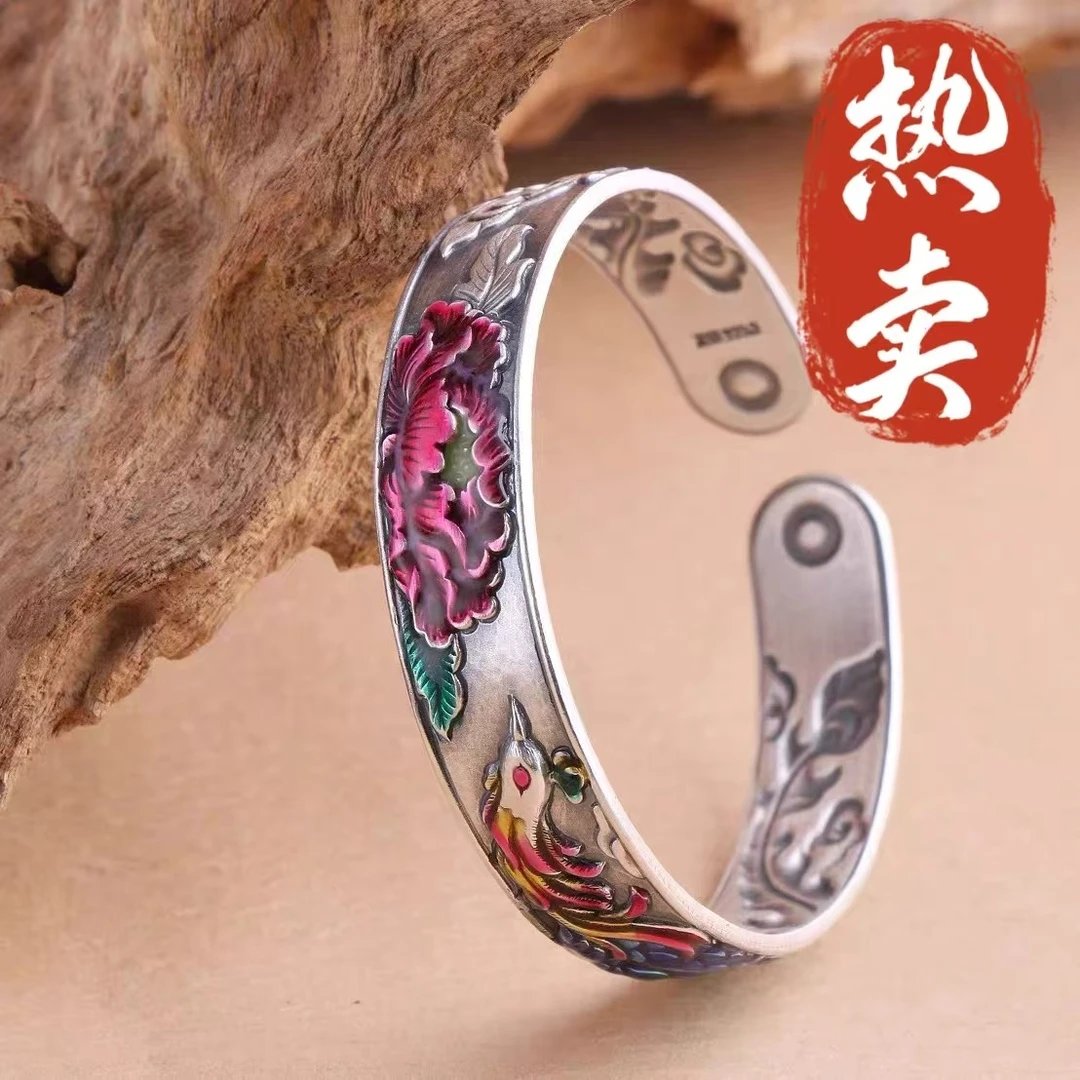 足银手镯 51号-复古珐琅牡丹【开口】手镯
