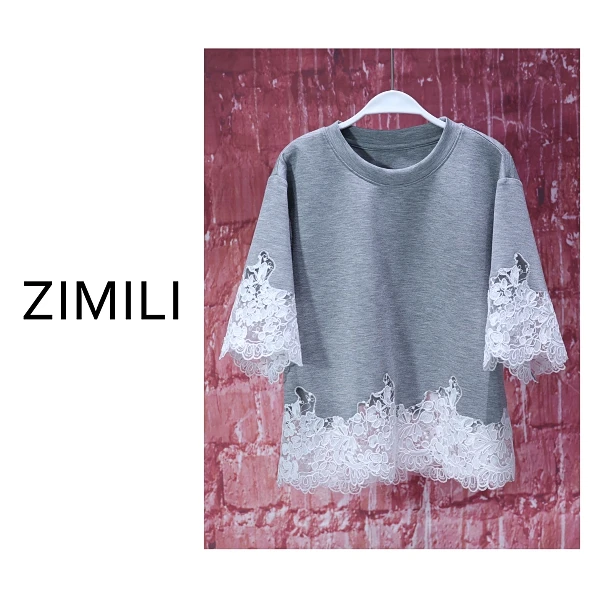 【亮哥女装】2025欧版设计师系列花灰色拼接蕾丝时尚休闲短袖8993