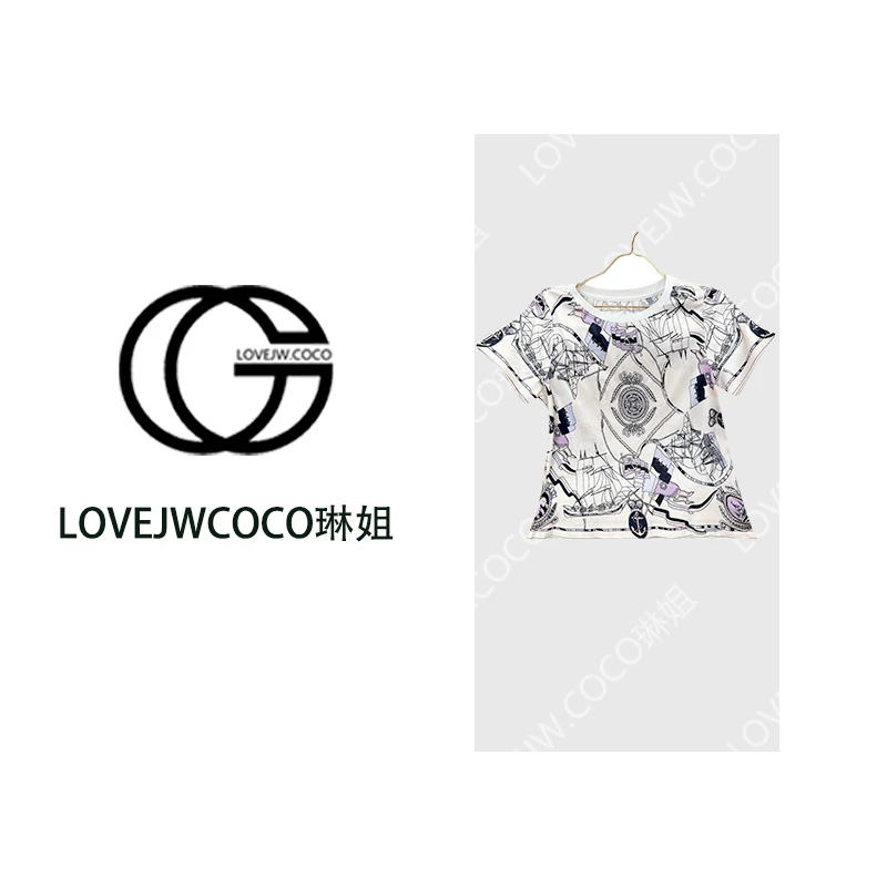 【LOVEJWCOCO】‘’扬帆远航‘’烫钻印花桑蚕丝上衣 欧货T恤女夏25001
