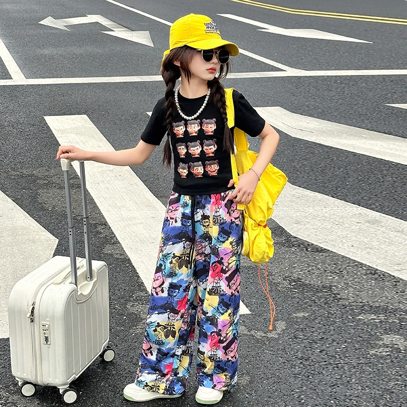 女童网红套装2025新款洋气儿童时髦炸街魔童哪吒短袖阔腿裤夏装潮