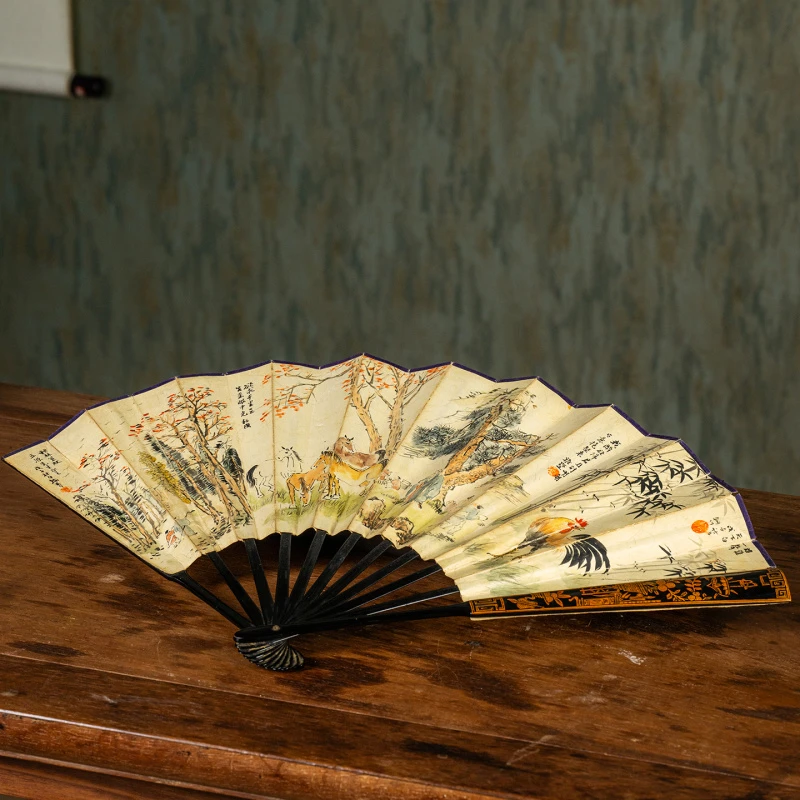 民国 朱雅墅书画成扇（竹刻髹漆博古清供图扇骨配鸡翅木盒） 古董