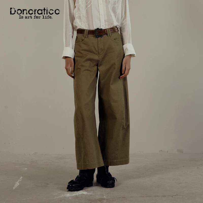 达衣岩复古简约2025春新品休闲风棉质运动感绣花直筒阔腿休闲裤女