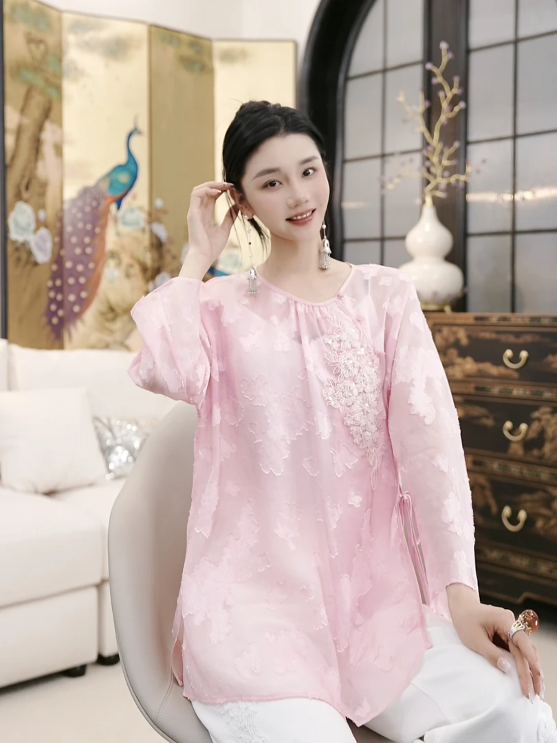 Betty Bairn【花媚玉】新中式桑蚕丝刺绣上衣25B-BW10052