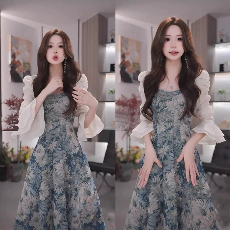 大码胖MM法式气质长袖高级感油画连衣裙秋季通勤轻奢长裙穿搭裙子