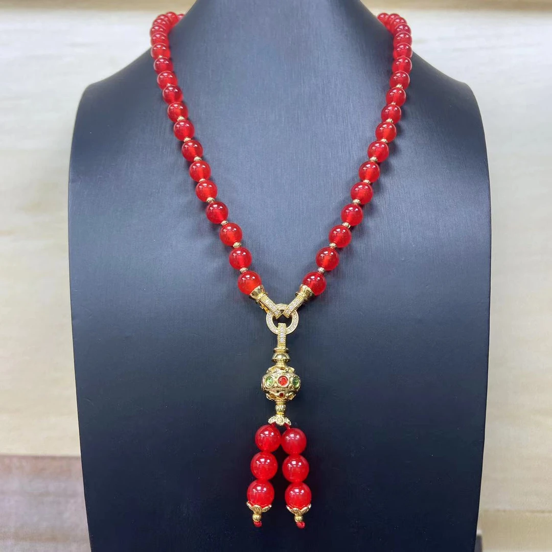 国风中国红玛瑙项链吊坠8MM*48颗天然珠宝玉石妈妈链带证书送礼盒