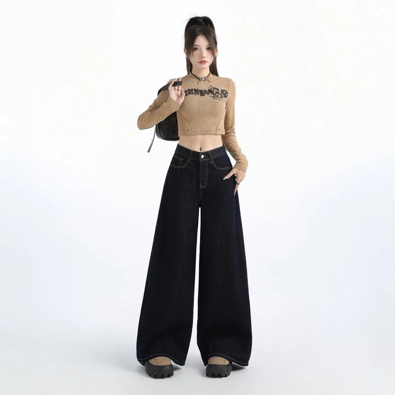 夏季薄款四面弹阔腿牛仔裤女高腰垂坠感抗皱显瘦直筒裤K00070