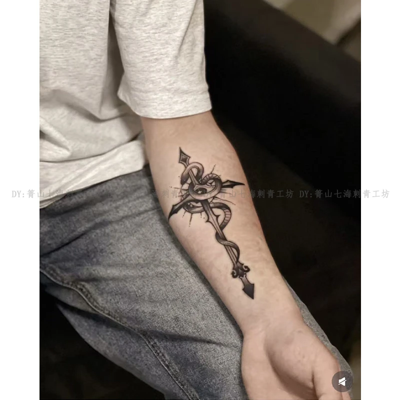 蛇与十字架 草本防水持久男士花臂纹身贴半永久美式花臂贴纸真实
