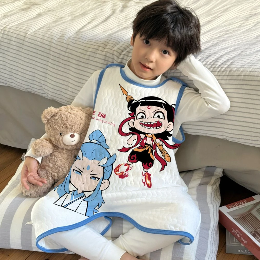 儿童睡衣春秋季男孩睡袋三层夹棉加厚护肚神器纯棉哪吒敖丙防踢被