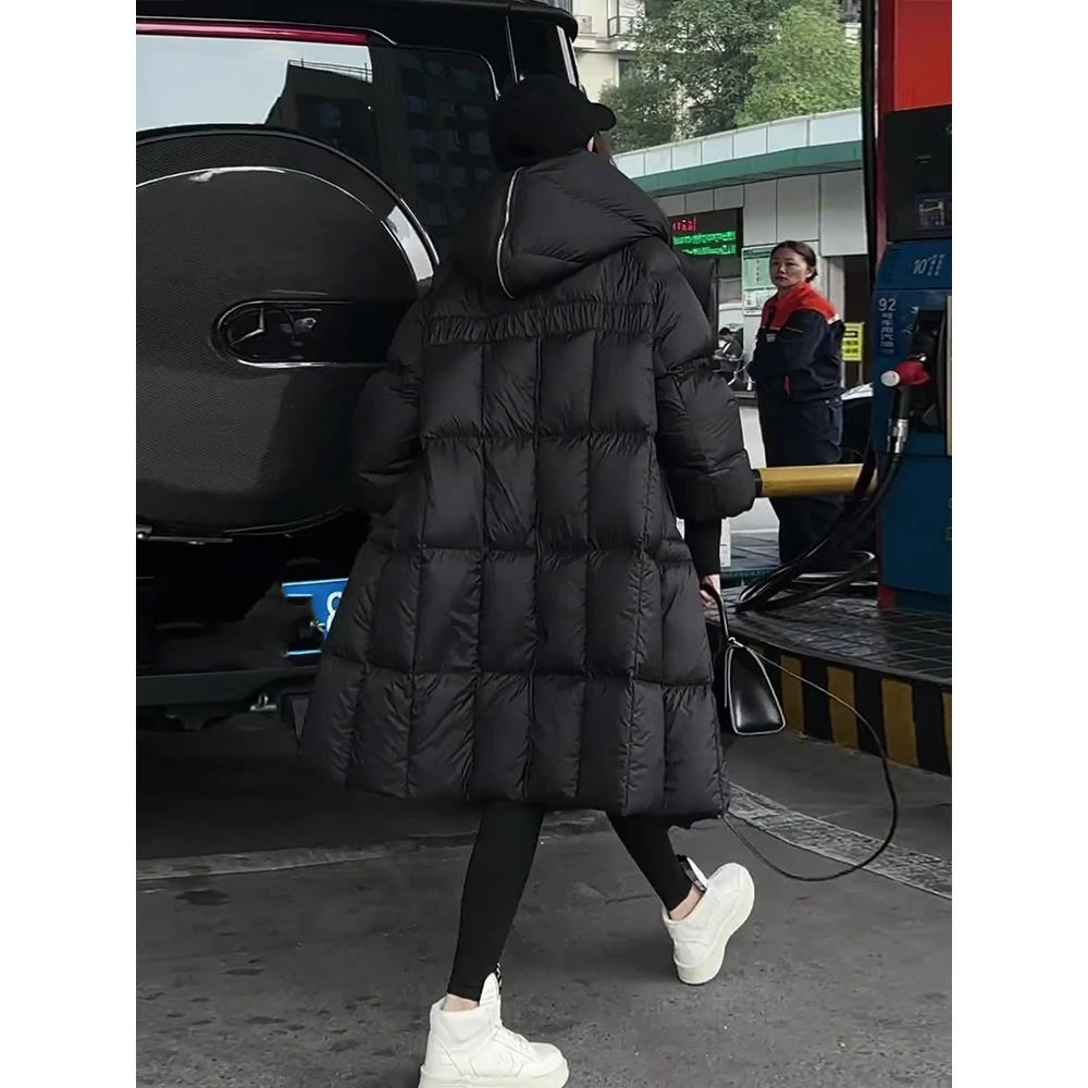 VOCKOO官方长方块连帽白绒服女2025年冬季新款过膝长款保暖宽松