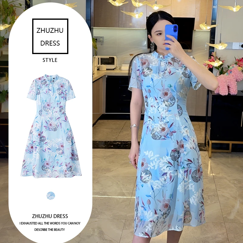 中国风印花古典风新中式短袖连衣裙气质碎花修身日常收腰夏季077