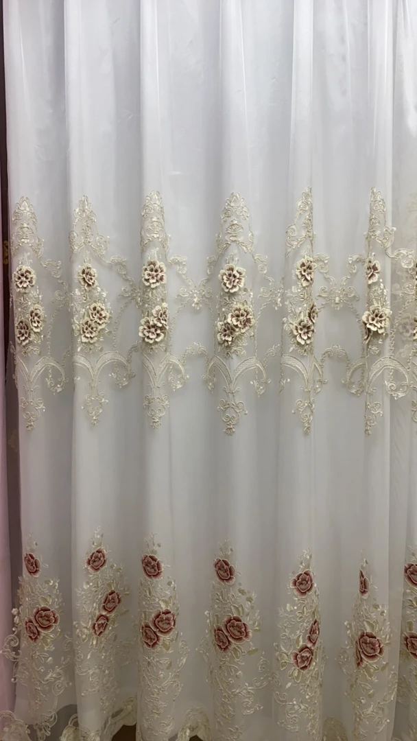 白色纱帘立体牡丹花刺绣纱帘加幻影纱窗帘绍兴柯桥