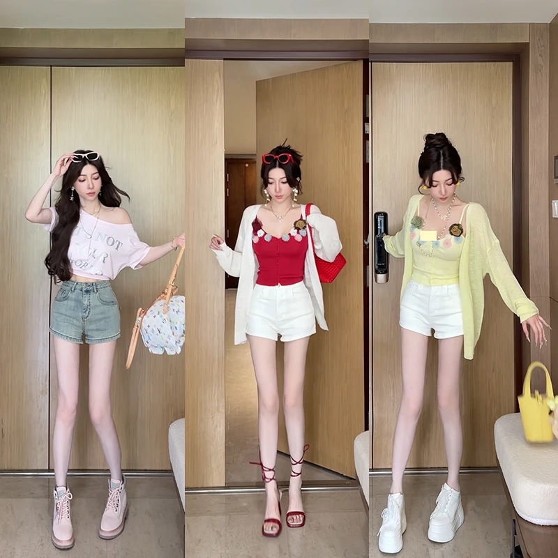 小雨姐姐夏款【白黎短裤】设计感后腰立体蝴蝶结高腰a字牛仔短裤女