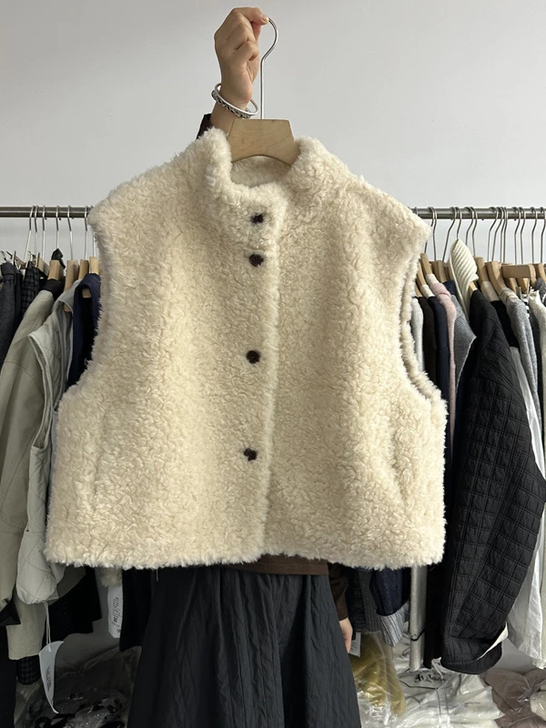 韩版毛毛短款叠穿马夹女冬季新款2025百搭时尚单排扣立领无袖外套