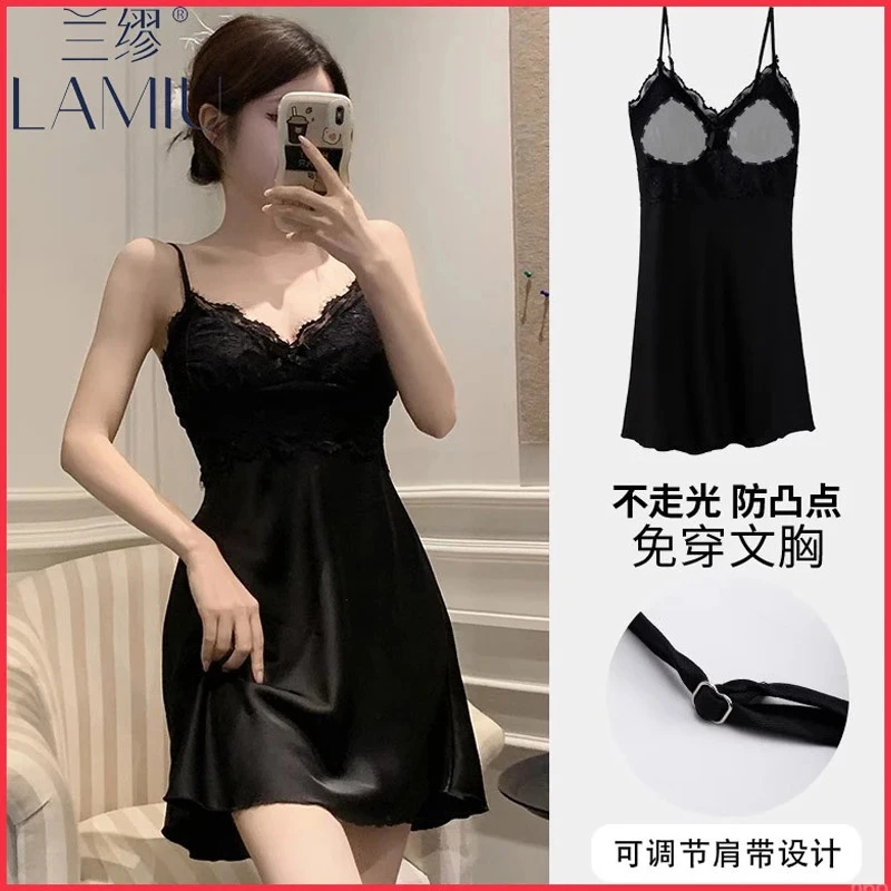 性感吊带睡裙女士新款夏季冰丝带胸垫纯欲风少女连衣裙睡衣家居服