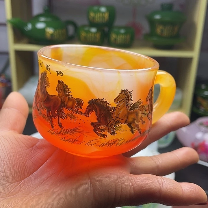 手工艺品琉璃玉瓷琉璃茶杯咖啡杯马到成功带手柄