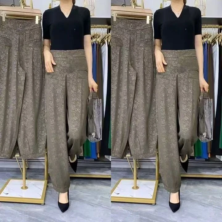 2025夏季新款高腰灯笼裤女九分哈伦裤女复古民族风印花大码妈妈裤