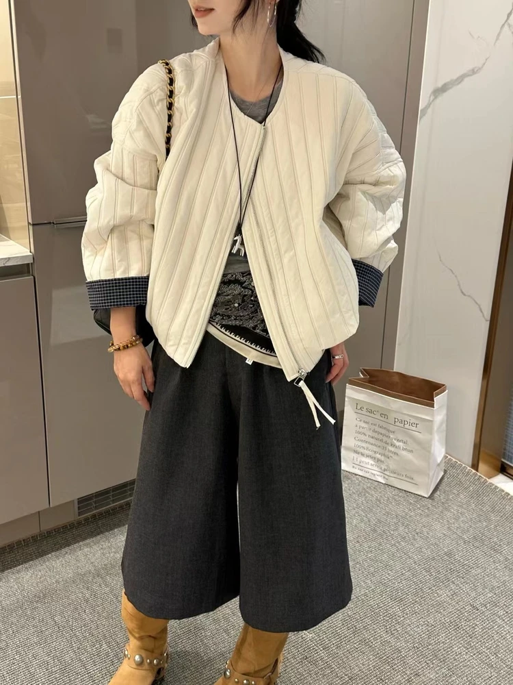 2025秋季新款韩版圆领长袖棉服外套女宽松百搭薄款棉衣夹克上衣潮