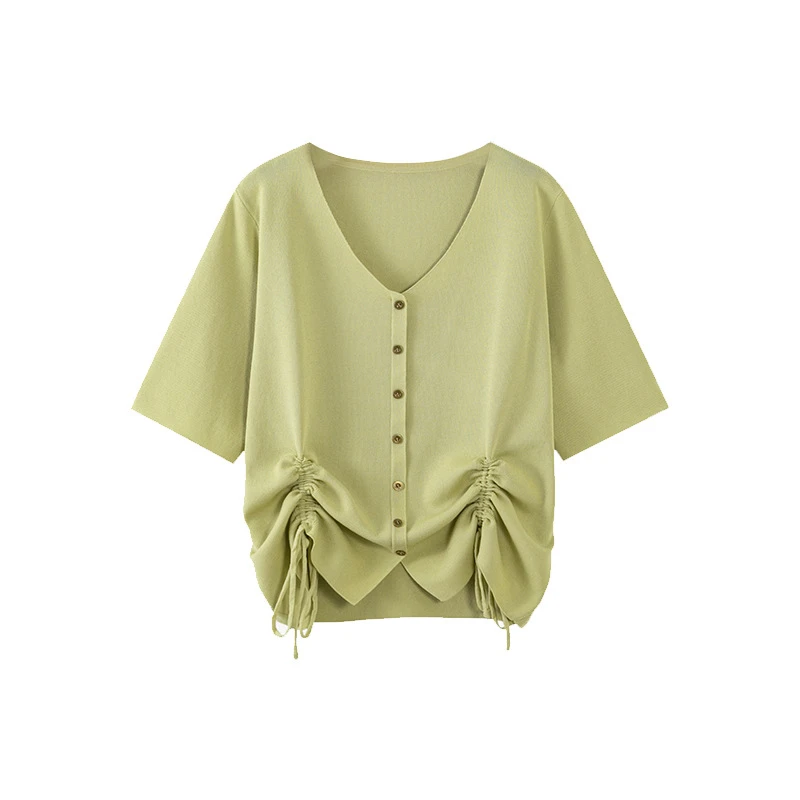 《大胖倩》大码女装v领抽绳上衣女百搭宽松针织衫2025夏款胖mm短袖