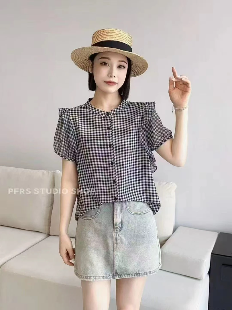 6#夏季女士韩版休闲衬衫时尚夏季减龄上衣气质格子韩版