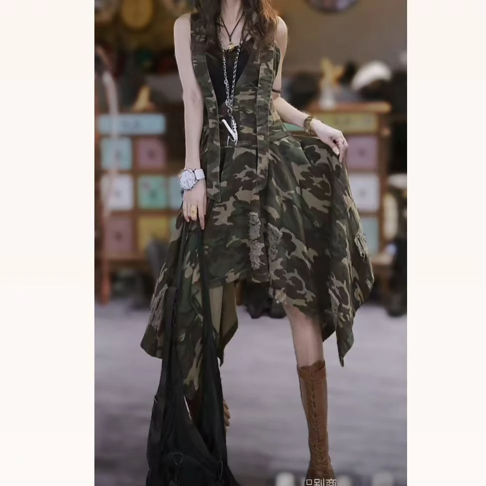 露肩迷彩不等式背心马甲裙