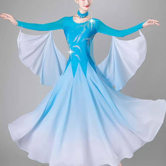 2025摩登舞裙新款国标舞大摆渐变色演出服华尔兹交谊舞连衣裙