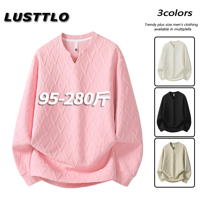 2025春秋新款慵懒风大码小v领提花卫衣男士休闲长袖上衣打底T恤衫