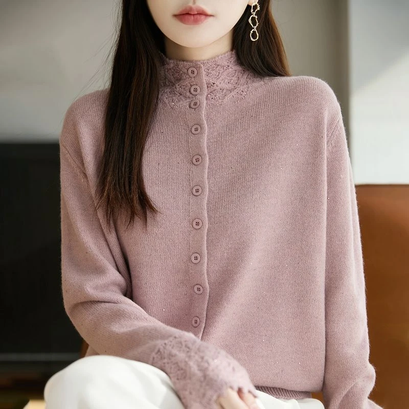 正品撤柜羊毛衫秋冬新款时尚珠片蕾丝单排扣袖口钩花针织开衫上衣